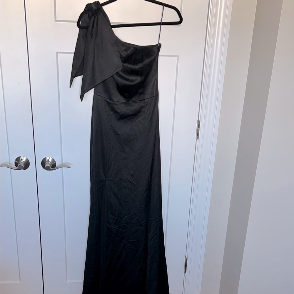 Dress the Population Georgina One Shoulder Bow Gown - Black Satin